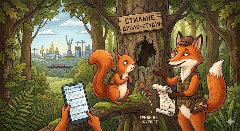Байка про Хитру Білку та Винайняте Дупло